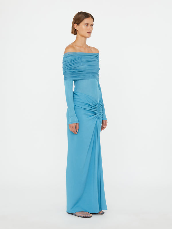 Christopher Esber Sonora Veiled Long Sleeve Ruched Dress Lake