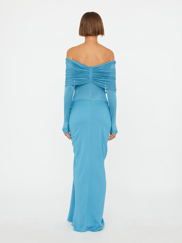 Christopher Esber Sonora Veiled Long Sleeve Ruched Dress Lake