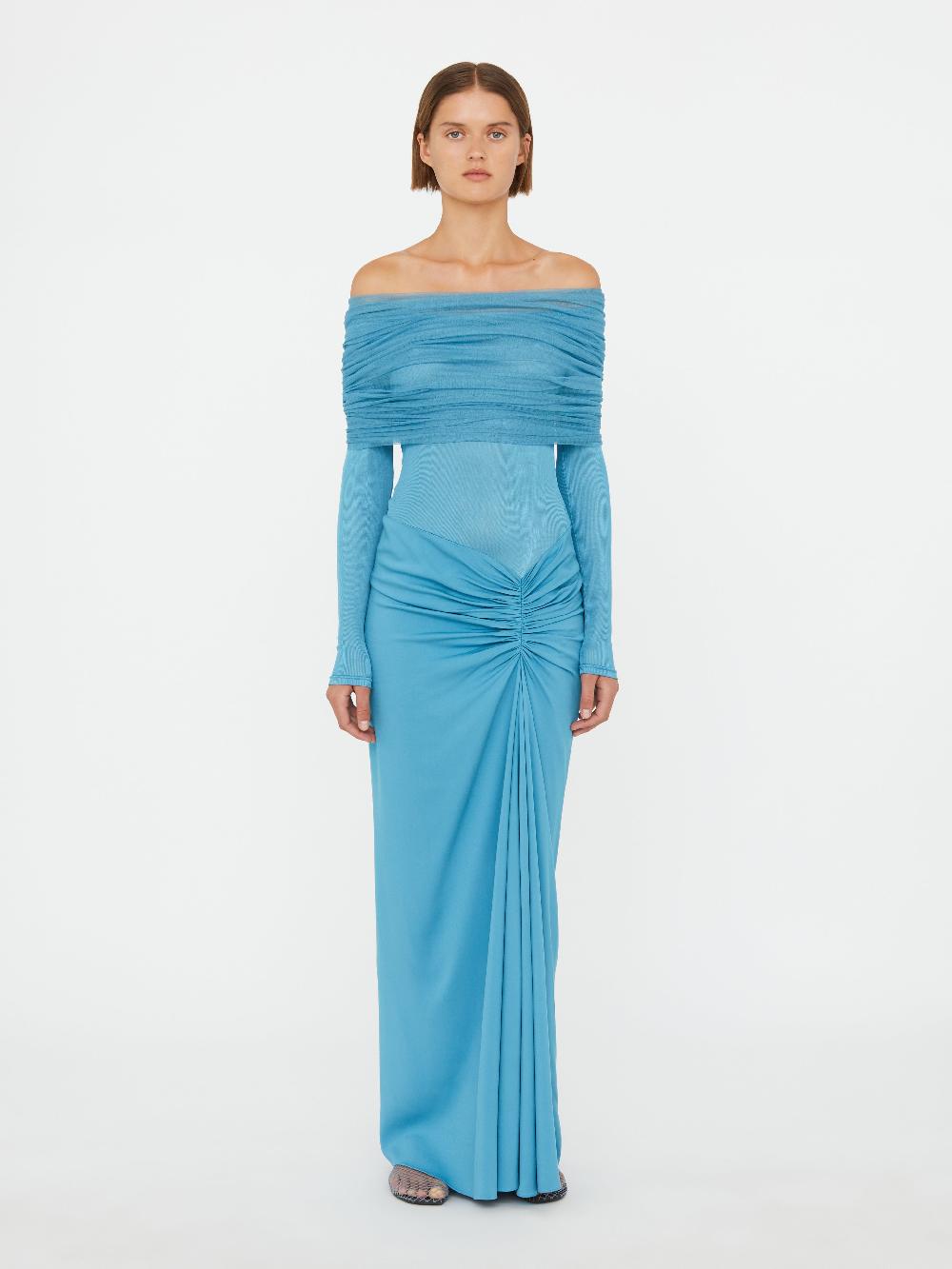 christopher esber Sonora Veiled Long Sleeve Ruched Dress lake