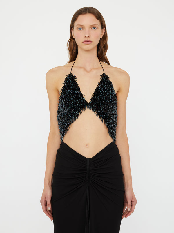 Christopher Esber Tiered Thorn Beaded Disconnect Dress Black Teal