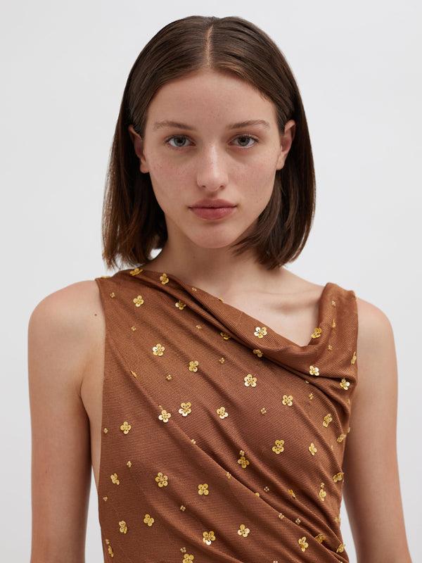 Christopher Esber Verba Beaded Draped Mini Dress Cola Honey