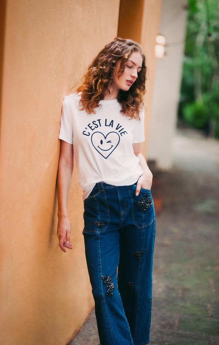 Cinq à Sept C'est La Vie Heart Smiley Tee White/navy