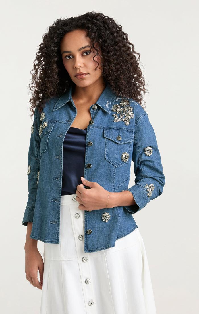 Cinq à Sept Crystal Ditsy Floral Scrunched Jacket Light Wash