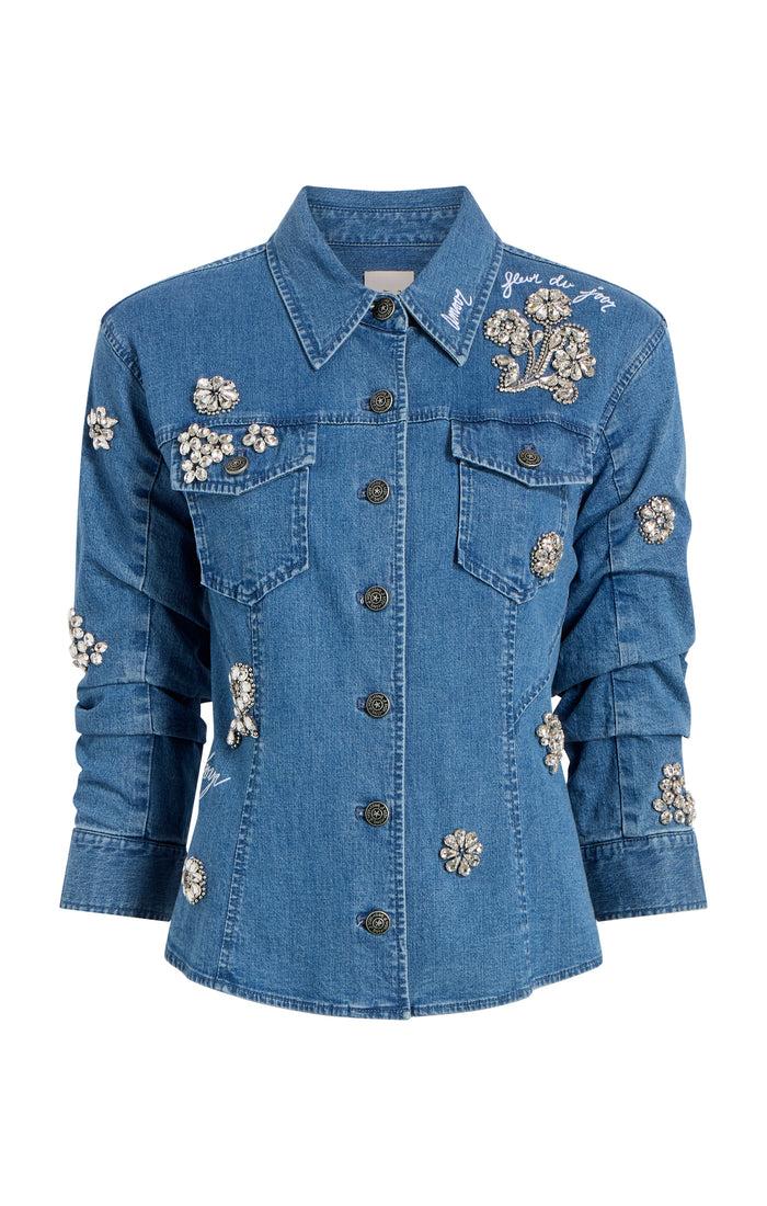 cinq à sept Crystal Ditsy Floral Scrunched Jacket Light Wash