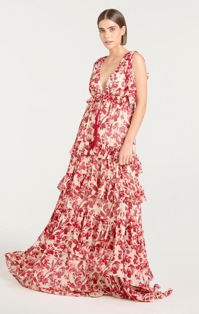 Cinq à Sept Floral Ribbons Omelia Gown Cherry Rose Multi
