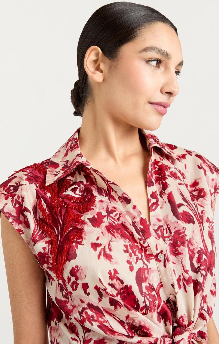 Cinq à Sept Floral Ribbons Sleeveless Mari Cherry Rose Multi