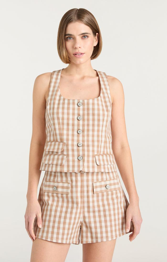 Cinq à Sept Gingham Denim Lovina Top Sahara/light Plaster