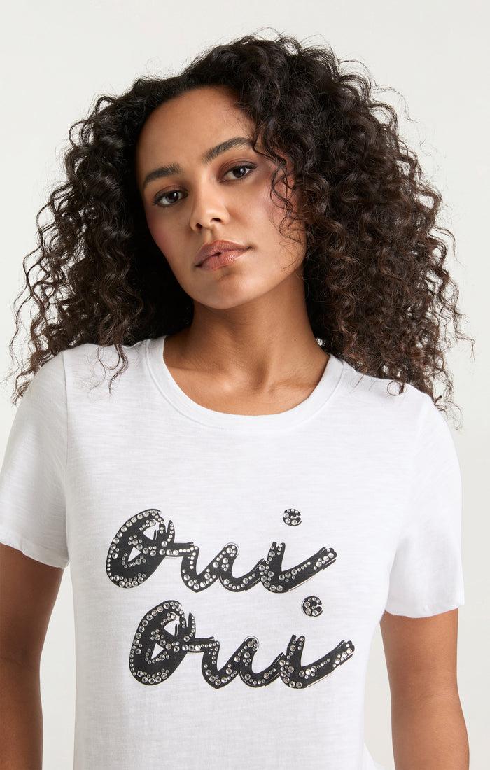 Cinq à Sept Rhinestone Oui Oui Shrunken Tee White/black