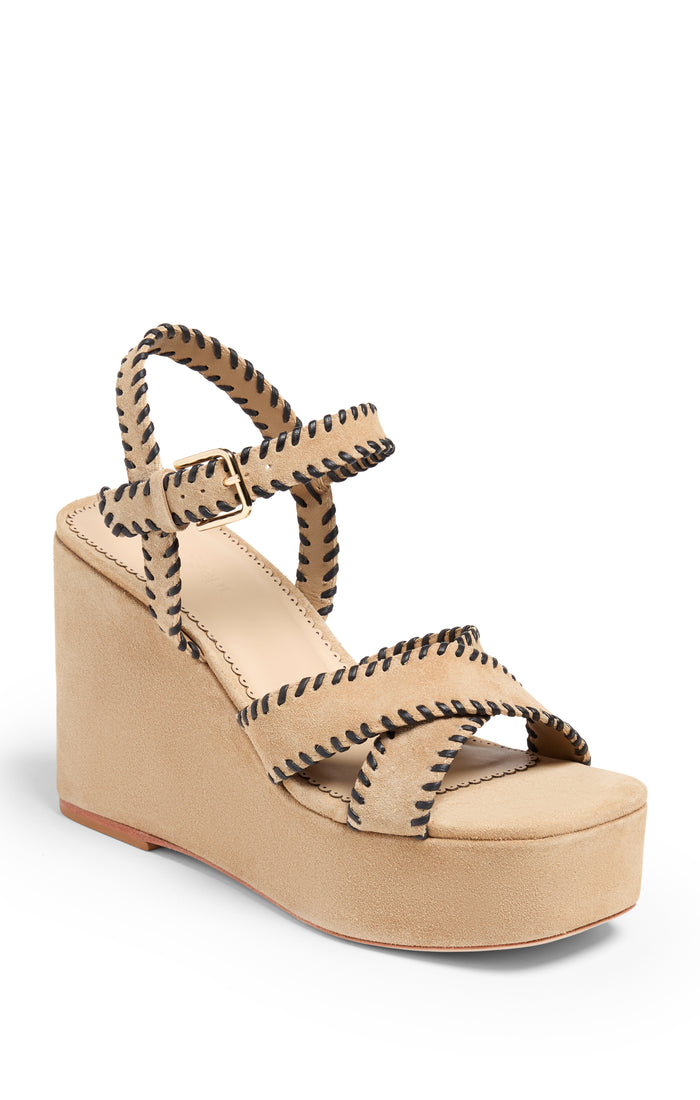 Cinq à Sept Sasha Whipstitch Suede Wedge Sandal Brown Sugar/black