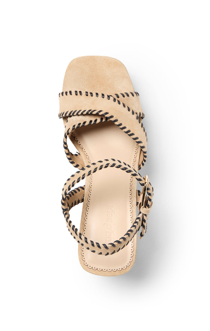 Cinq à Sept Sasha Whipstitch Suede Wedge Sandal Brown Sugar/black