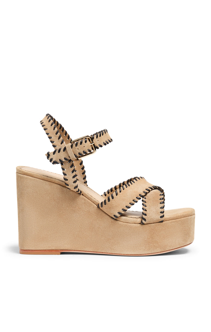 cinq à sept Sasha Whipstitch Suede Wedge Sandal Brown Sugar/black