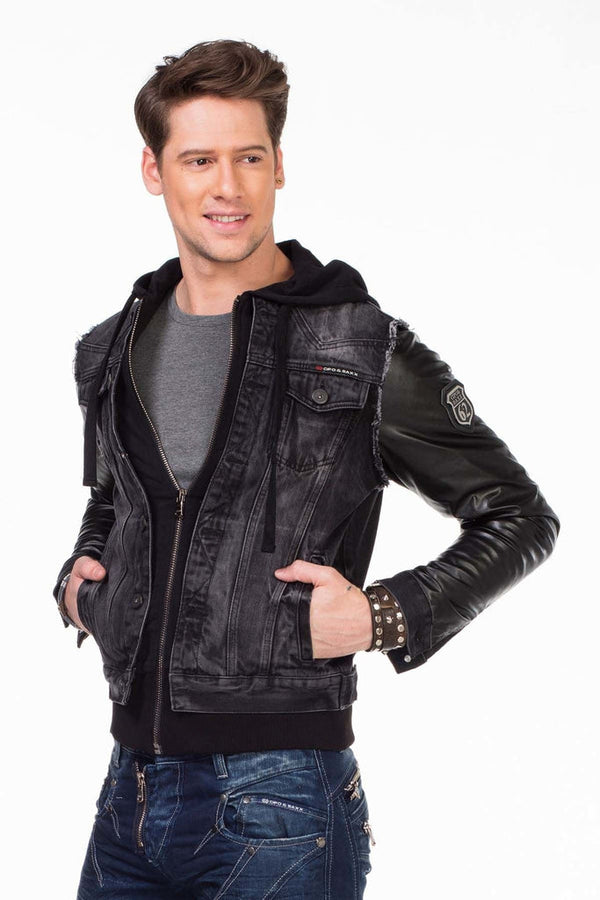Cipo & Baxx C-1290 Leather Sleeves Hooded Denim Jacket BLACK