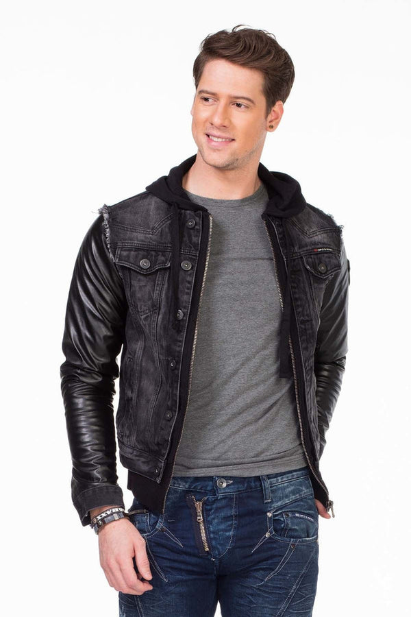 Cipo & Baxx C-1290 Leather Sleeves Hooded Denim Jacket BLACK