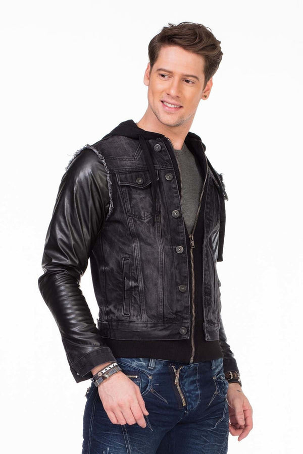 Cipo & Baxx C-1290 Leather Sleeves Hooded Denim Jacket BLACK
