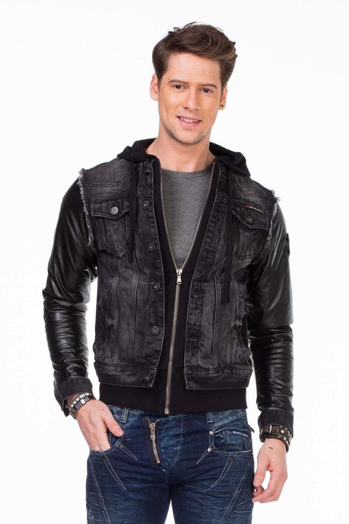 cipo & baxx C-1290 Leather Sleeves Hooded Denim Jacket BLACK