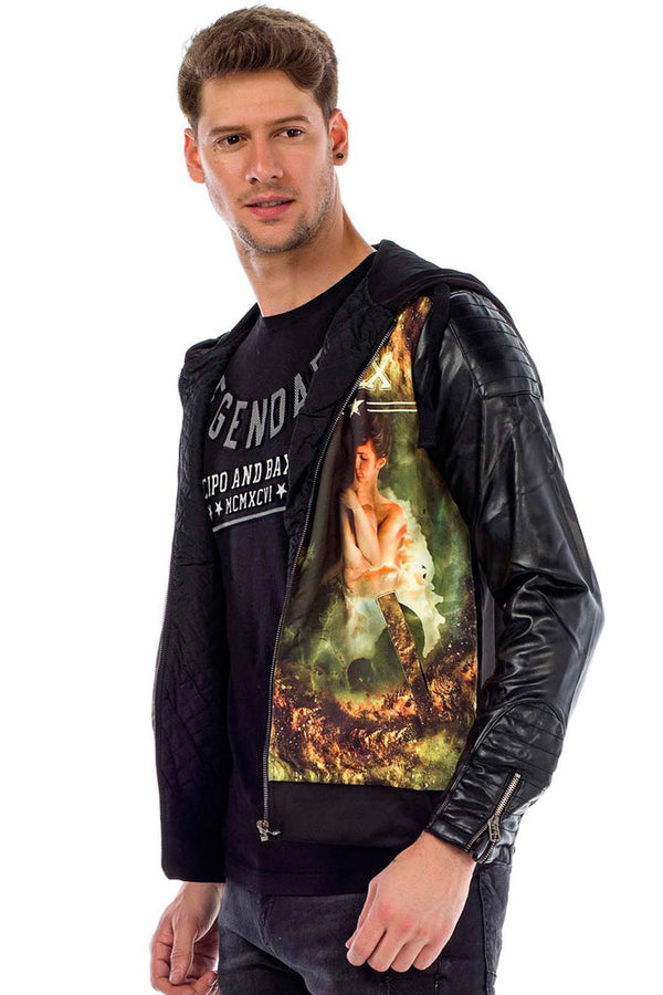 Cipo & Baxx C44610 Leather Sleeve Hooded Men's Jacket STANDARD
