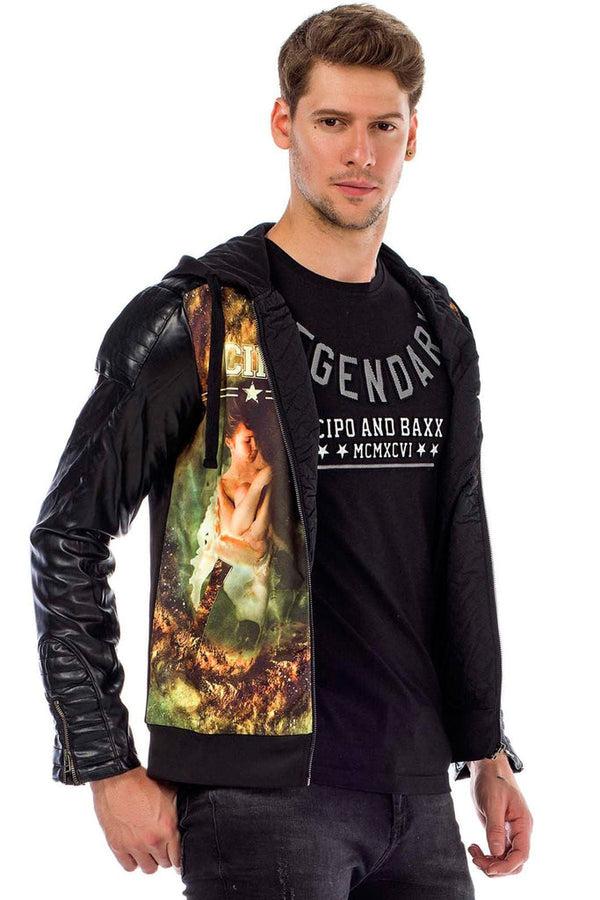 Cipo & Baxx C44610 Leather Sleeve Hooded Men's Jacket STANDARD