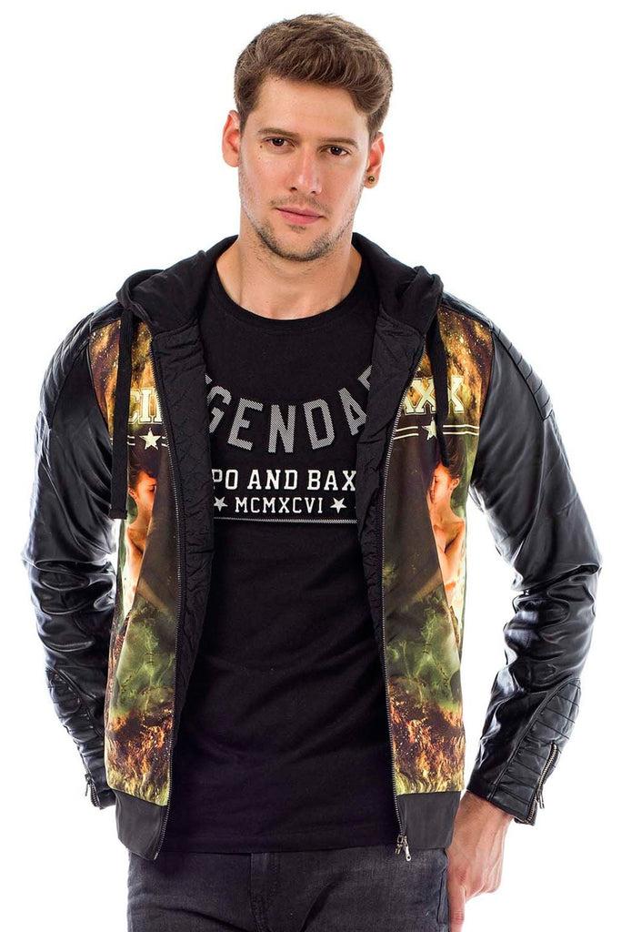 cipo & baxx C44610 Leather Sleeve Hooded Men's Jacket STANDARD