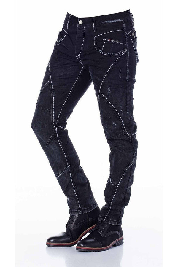 Cipo & Baxx CD288 Pieced Stitched Biker Style Jeans Trousers BLACK