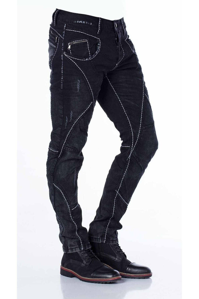 cipo & baxx CD288 Pieced Stitched Biker Style Jeans Trousers BLACK
