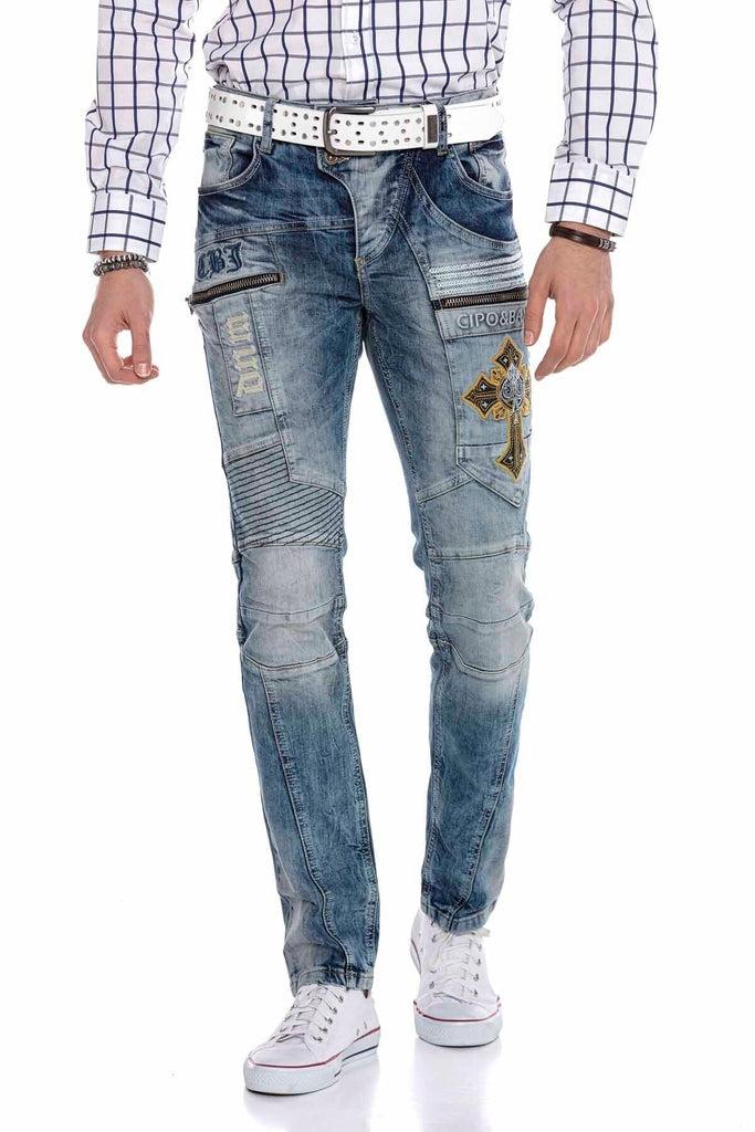 cipo & baxx CD293 Stitching Detailed Embroidered Men's Jean Trousers BLUE