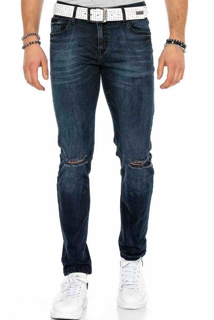 cipo & baxx CD375 Chained Ripped Dark Blue Slim Fit Men's Jean DARKBLUE