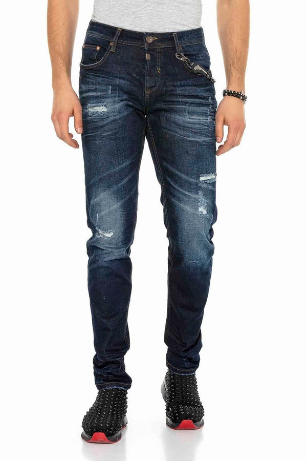 Cipo & Baxx CD392 Chain Ripped Narrow Leg Navy Blue Men's Jeans DARKBLUE