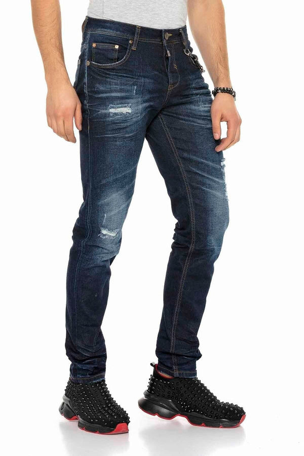 Cipo & Baxx CD392 Chain Ripped Narrow Leg Navy Blue Men's Jeans DARKBLUE