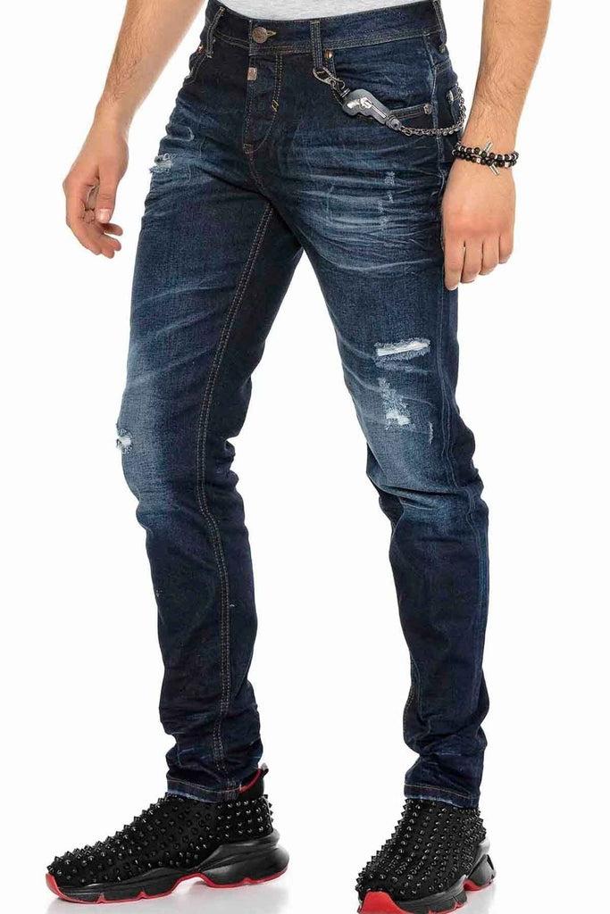cipo & baxx CD392 Chain Ripped Narrow Leg Navy Blue Men's Jeans DARKBLUE