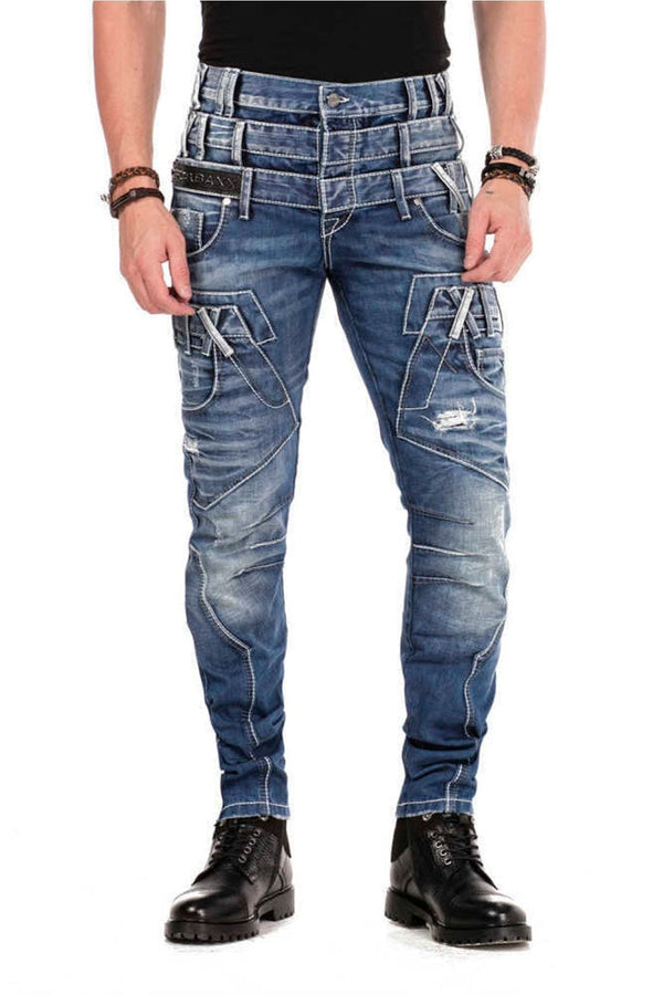 Cipo & Baxx CD466 Three Layer Belt Slim Fit Worn Men's Jean Trousers BLUE