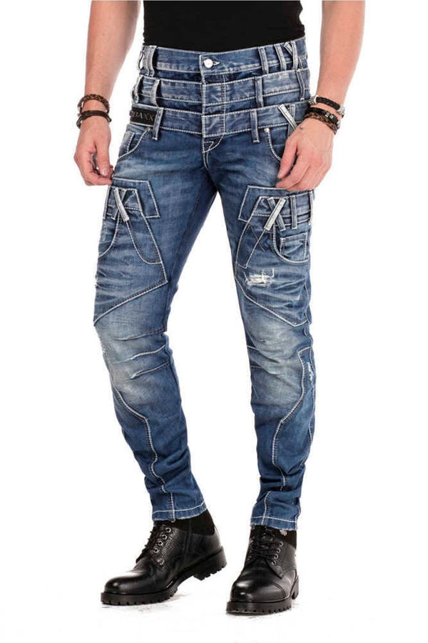 Cipo & Baxx CD466 Three Layer Belt Slim Fit Worn Men's Jean Trousers BLUE