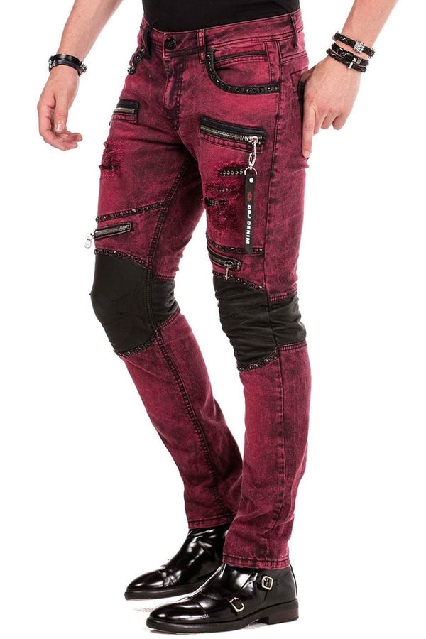 Cipo & Baxx CD481 Patch Embroidered Men's Biker Trousers BURGUNDY
