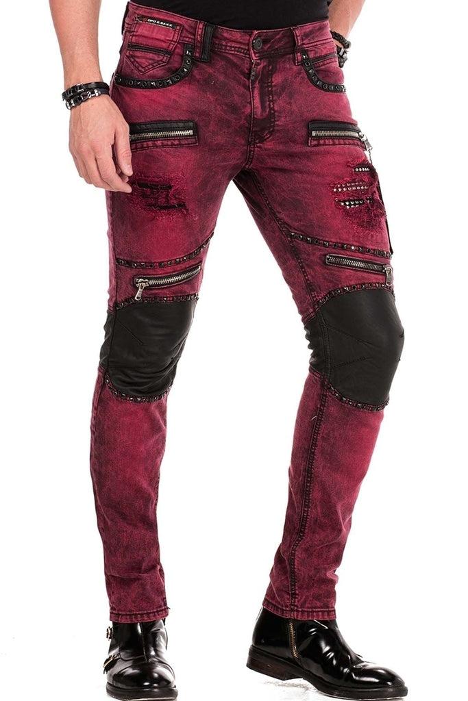 cipo & baxx CD481 Patch Embroidered Men's Biker Trousers BURGUNDY