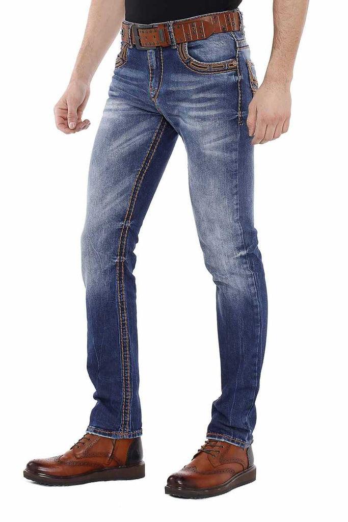 cipo & baxx CD483 Washed Men's Jeans with Embroidered Pockets BLUE