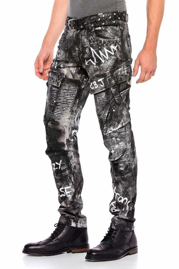Cipo & Baxx CD572 Hand Painted Lurex Cargo Pocket Jean Trousers BLACK