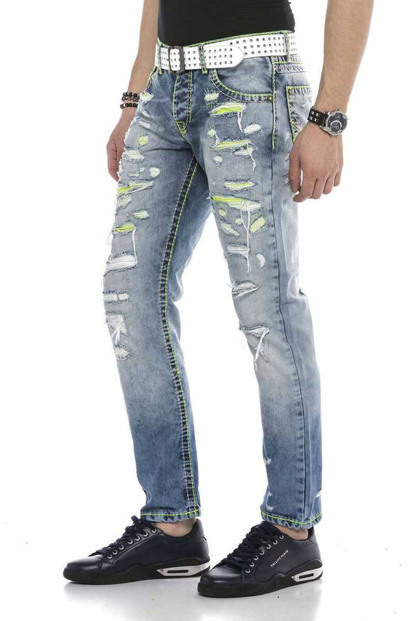 Cipo & Baxx CD605 Neon Green Ripped Ice Blue Men's Jean Trousers BLUE