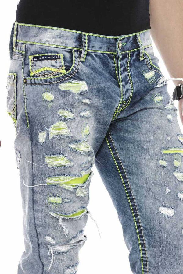 Cipo & Baxx CD605 Neon Green Ripped Ice Blue Men's Jean Trousers BLUE