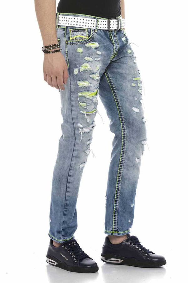 Cipo & Baxx CD605 Neon Green Ripped Ice Blue Men's Jean Trousers BLUE