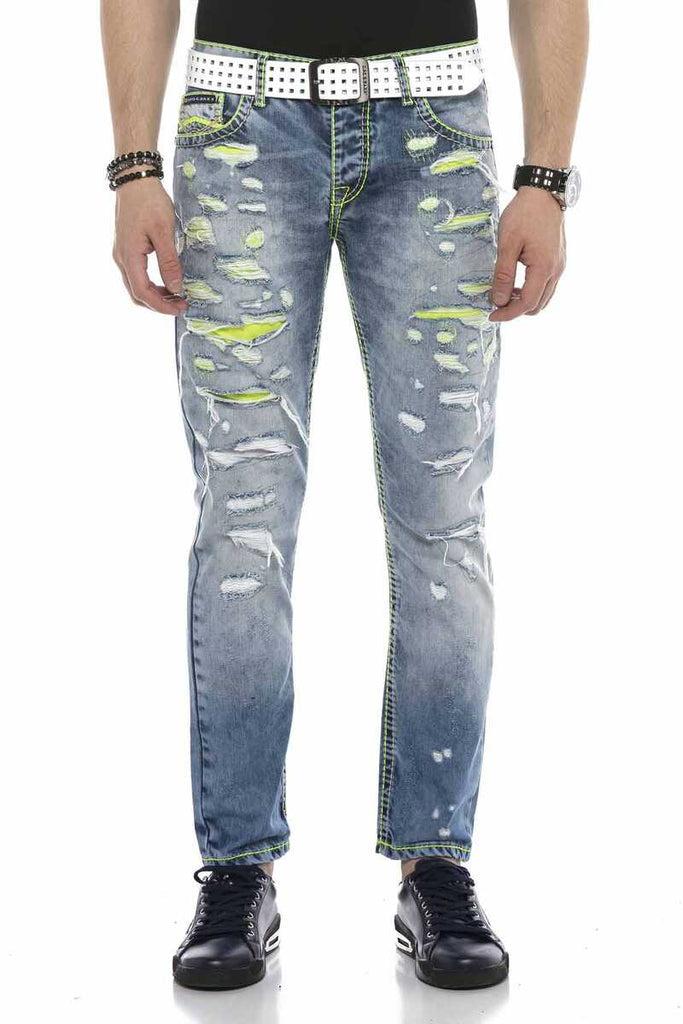 cipo & baxx CD605 Neon Green Ripped Ice Blue Men's Jean Trousers BLUE