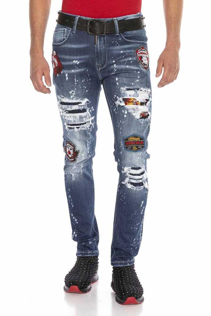 cipo & baxx CD643 Embroidered Destroyed Slim Fit Men's Jean Trousers BLUE