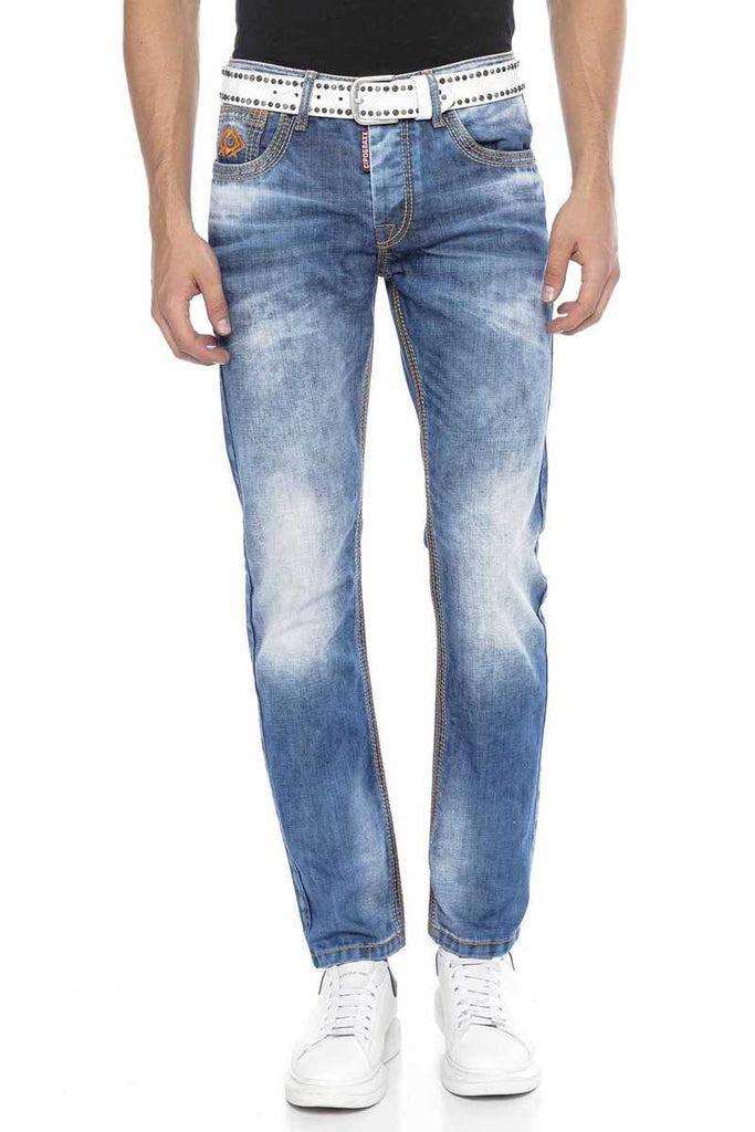 cipo & baxx CD669 Thick Stitching Detailed Straight Fit Men's Jean Trousers BLUE