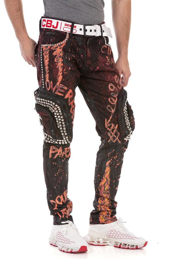 Cipo & Baxx CD693 Hand Painted Cargo Men's Jeans BURGUNDY