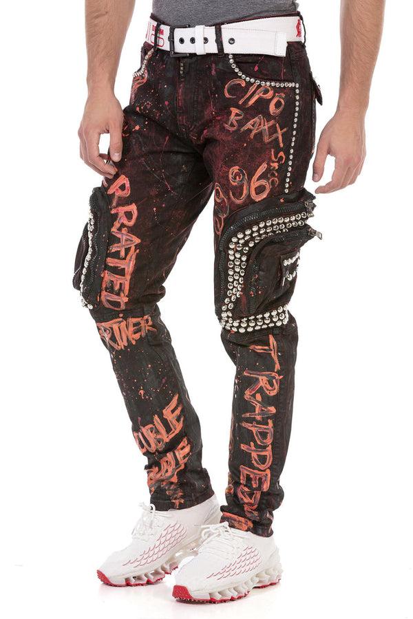 Cipo & Baxx CD693 Hand Painted Cargo Men's Jeans BURGUNDY