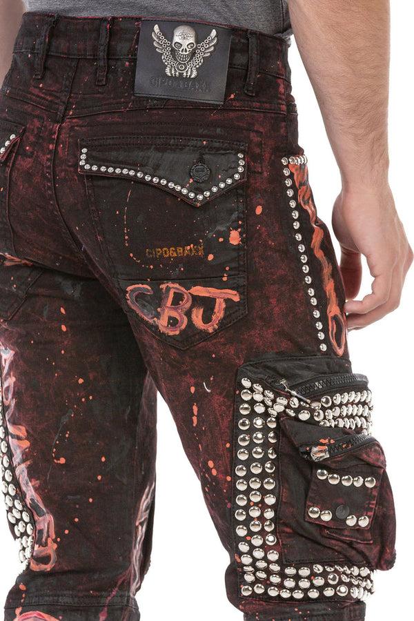Cipo & Baxx CD693 Hand Painted Cargo Men's Jeans BURGUNDY