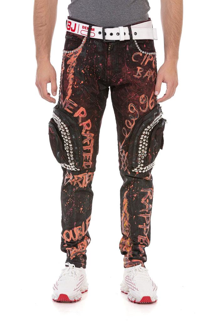 cipo & baxx CD693 Hand Painted Cargo Men's Jeans BURGUNDY