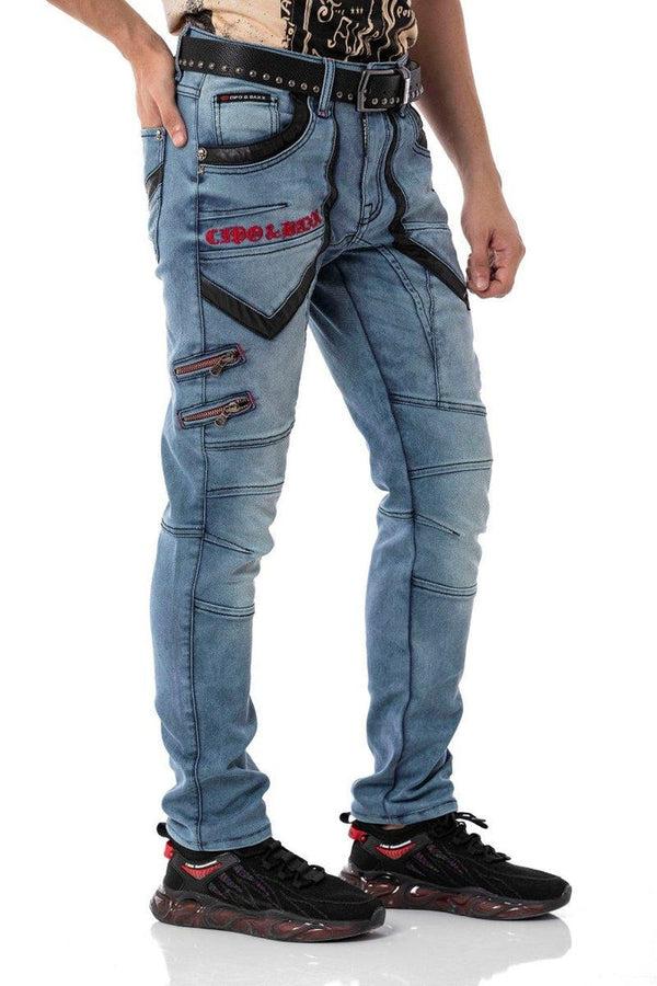 Cipo & Baxx CD795 Biker Style Leather Detailed Men's Jean Trousers BLUE