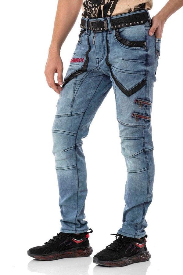 Cipo & Baxx CD795 Biker Style Leather Detailed Men's Jean Trousers BLUE