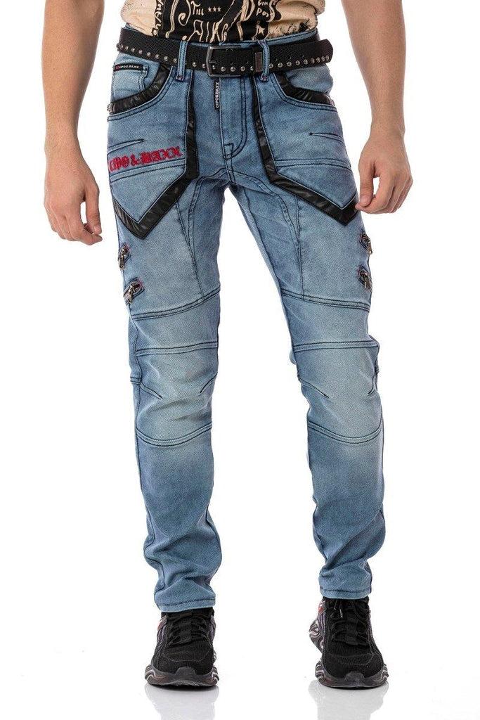 cipo & baxx CD795 Biker Style Leather Detailed Men's Jean Trousers BLUE