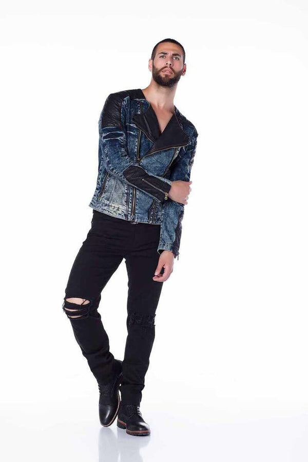 Cipo & Baxx CJ135 Dark Leather Detailed Biker Style Men's Denim Jacket BLUE