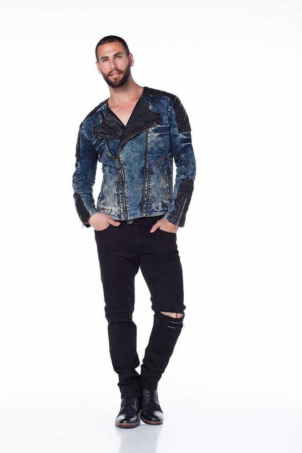 Cipo & Baxx CJ135 Dark Leather Detailed Biker Style Men's Denim Jacket BLUE
